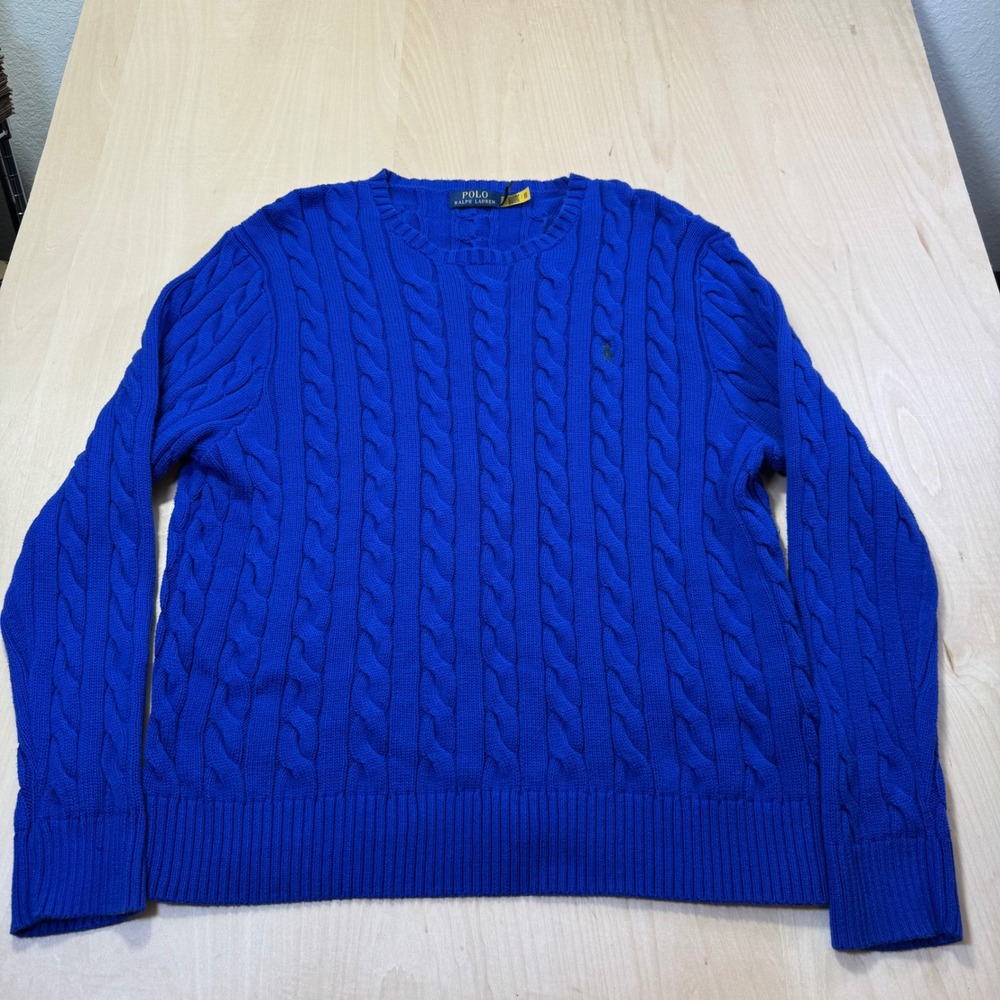 Polo Ralph Lauren Mens Cable Knit Cotton Sweater Royal Blue XL‎ Crew Neck